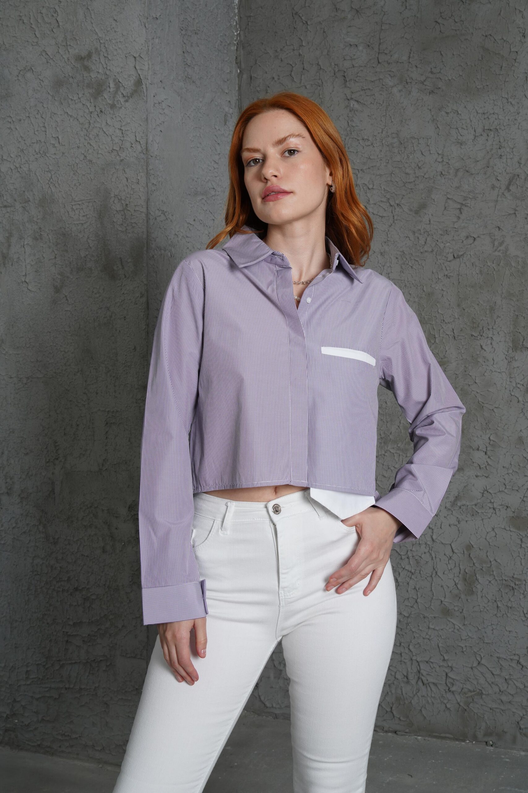 Long Pocket Striped Purple Wholesale Shirt - Producer: Lustrin - Wholesale Women Clothes - TheBS Women