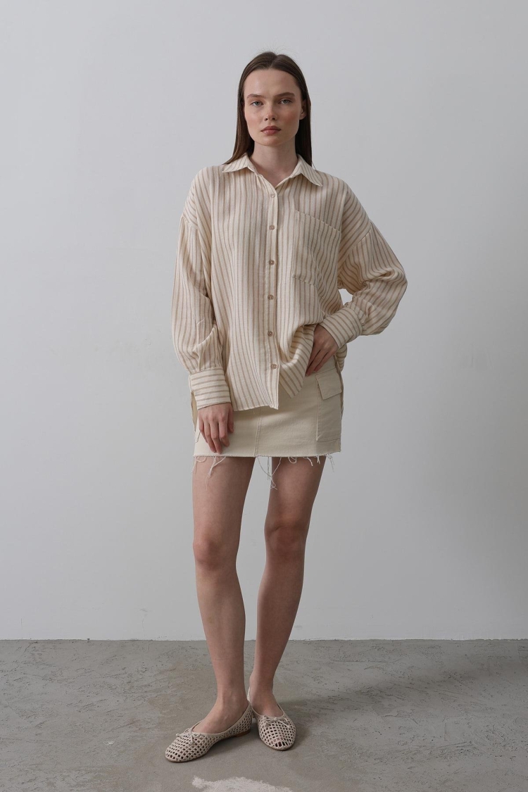 Single Pocket Striped Shirt - - Beige-taba - Producer: Reyon - Wholesale Women Clothes - TheBS Women