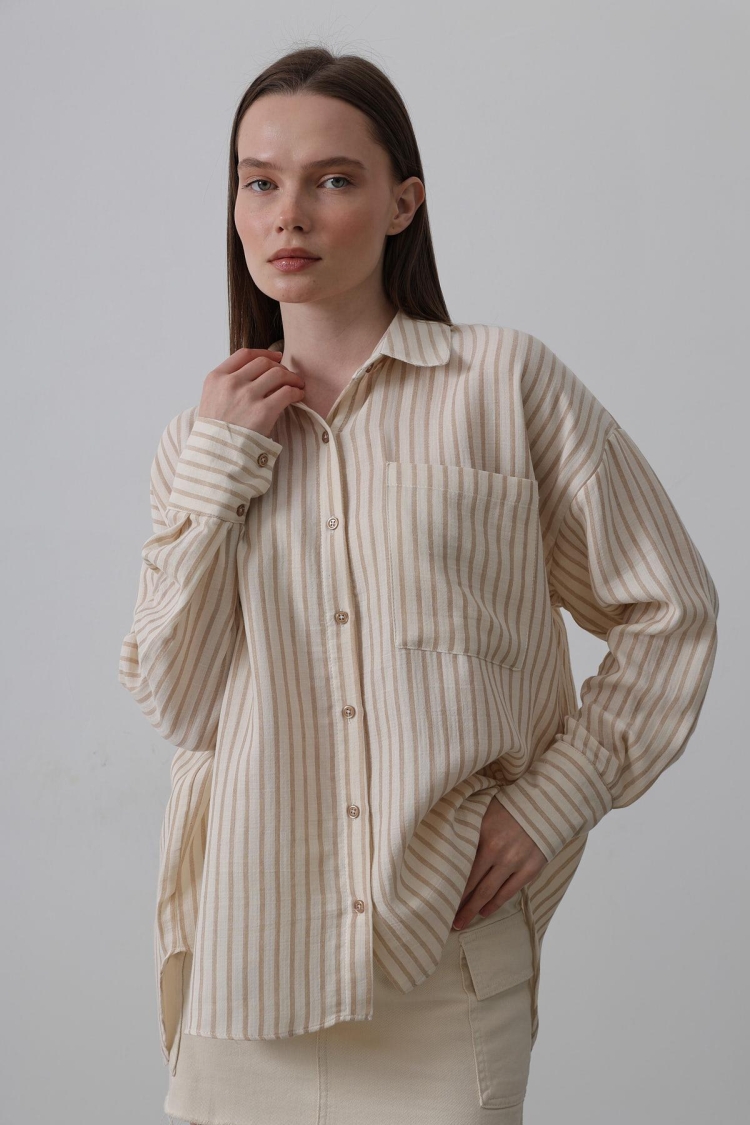 Single Pocket Striped Shirt - - Beige-taba - Producer: Reyon - Wholesale Women Clothes - TheBS Women