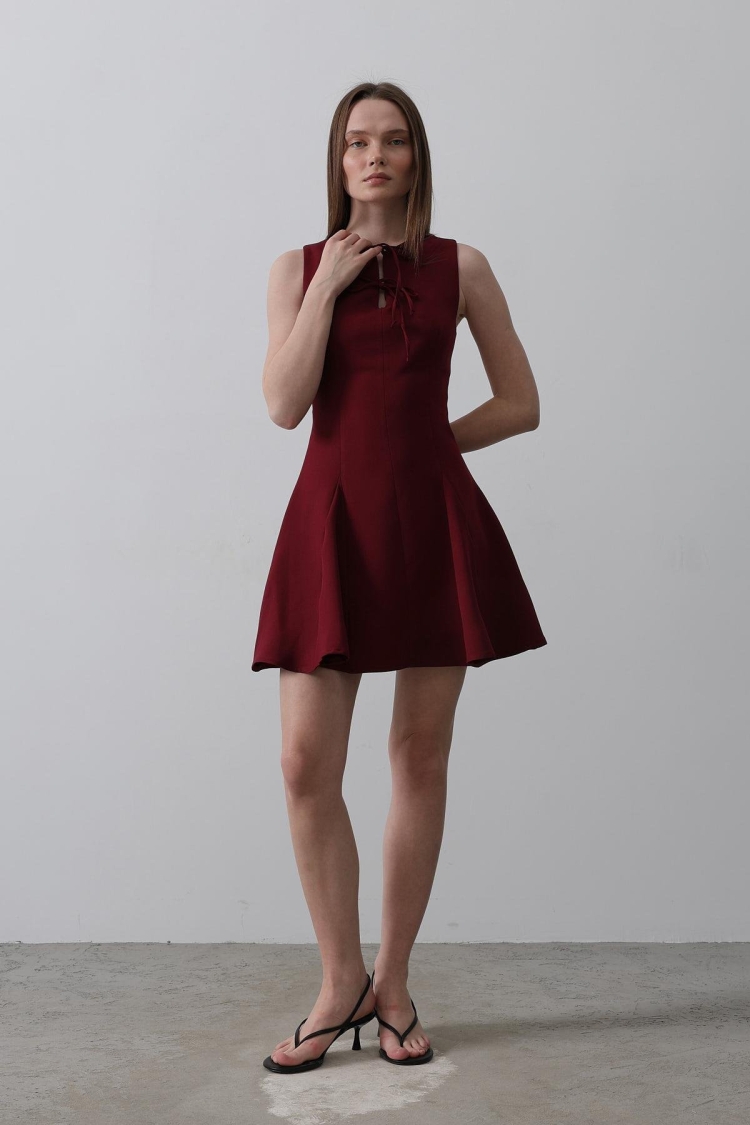 Bow Detail Zero Sleeve Mini Dress - - Burgundy - Producer: Reyon - Wholesale Women Clothes - TheBS Women