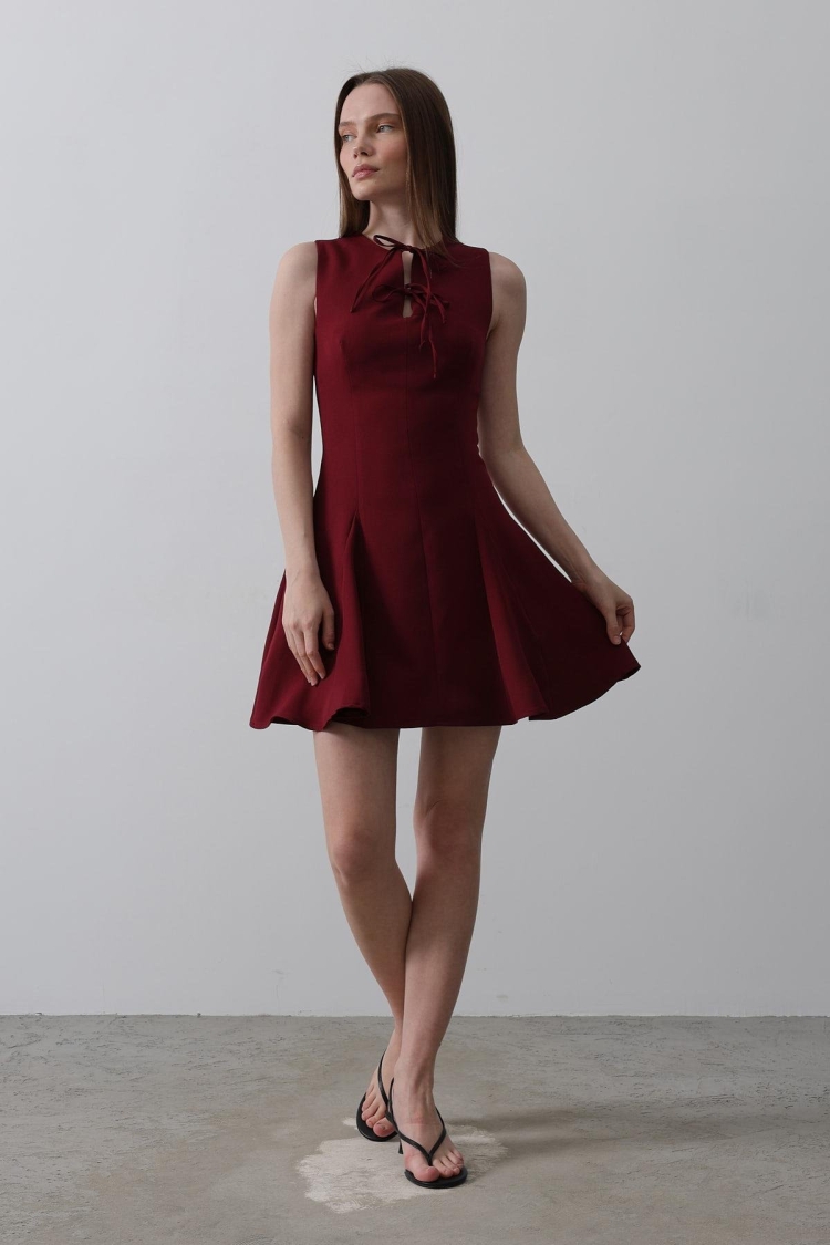 Bow Detail Zero Sleeve Mini Dress - - Burgundy - Producer: Reyon - Wholesale Women Clothes - TheBS Women
