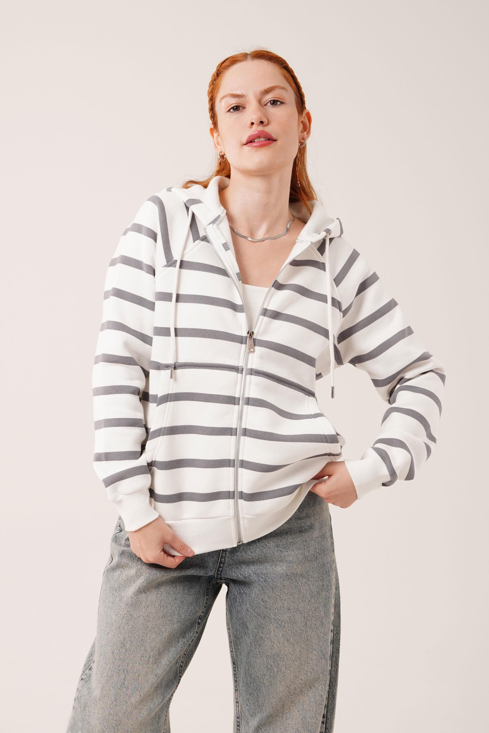 Striped Two Thread Hooded Wholesale Sweatshirt - Producer: Lustrin - Wholesale Women Clothes - TheBS Women