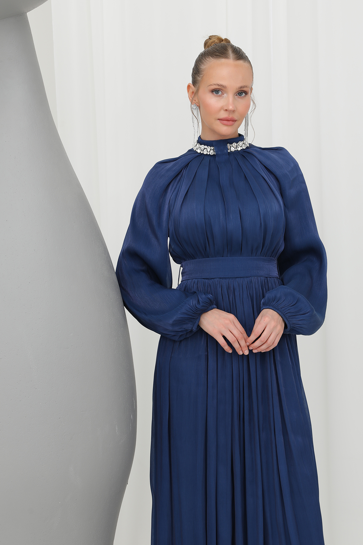 Stone Detailed Chiffon Evening Dress - Navy - Producer: Puane - Wholesale Women Clothes - TheBS Women
