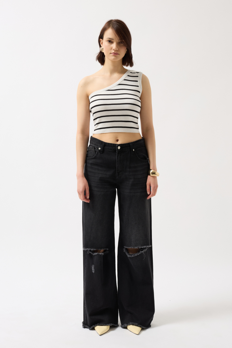 One Shoulder Striped Crop -- Black - Producer: Black Fashion - Wholesale Women Clothes - TheBS Women