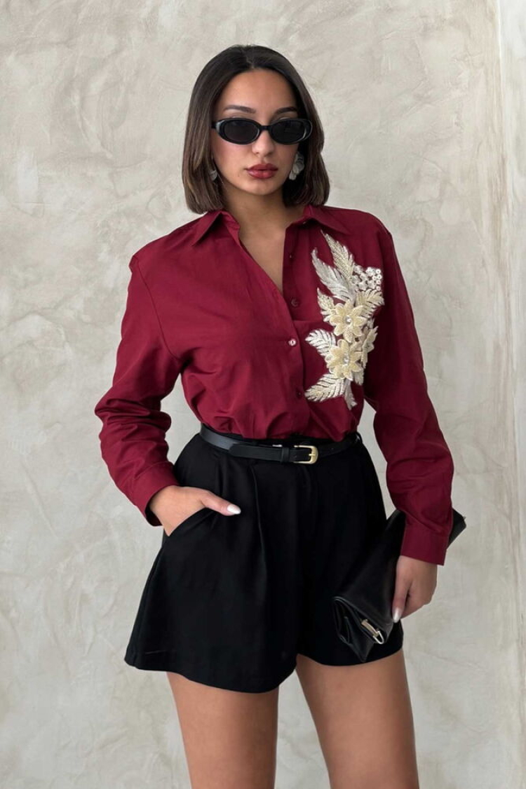 Floral Detailed Shirt - Burgundy - Producer: Topshow - Wholesale Women Clothes - TheBS Women