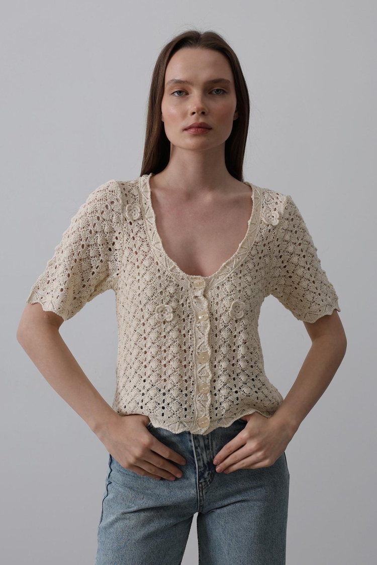 Floral Detailed Buttoned Knitwear - Ecru - Producer: Reyon - Wholesale Women Clothes - TheBS Women
