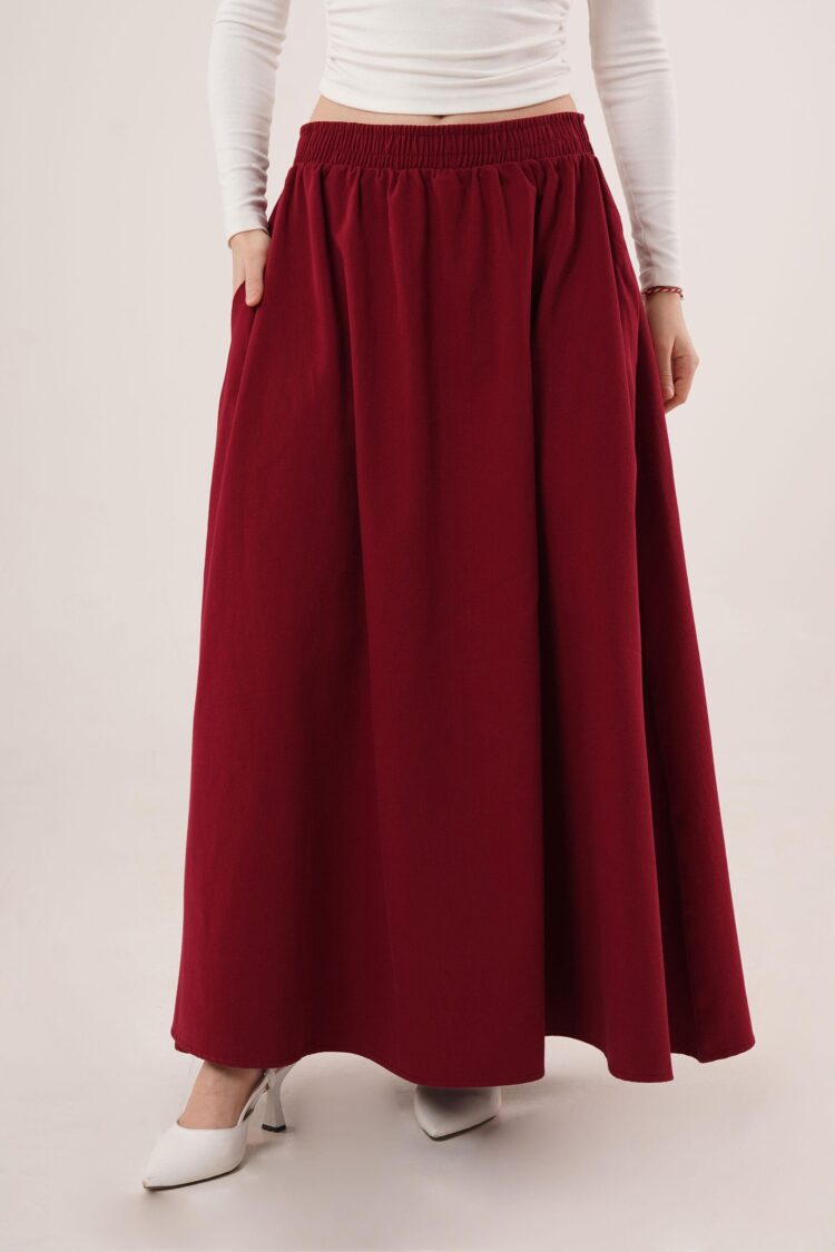 Elastic Waist Pocket Detailed Long Burgundy Wholesale Skirt - Producer: Lustrin - Wholesale Women Clothes - TheBS Women