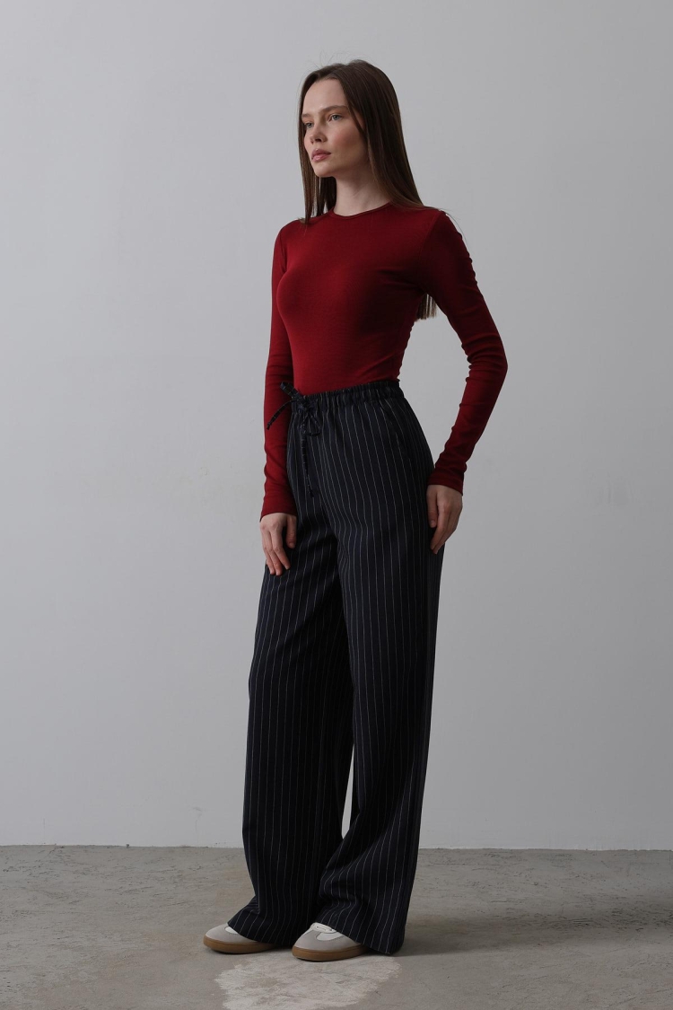 Wide Leg Pants With Elastic Waist - Navy-white - Producer: Reyon - Wholesale Women Clothes - TheBS Women