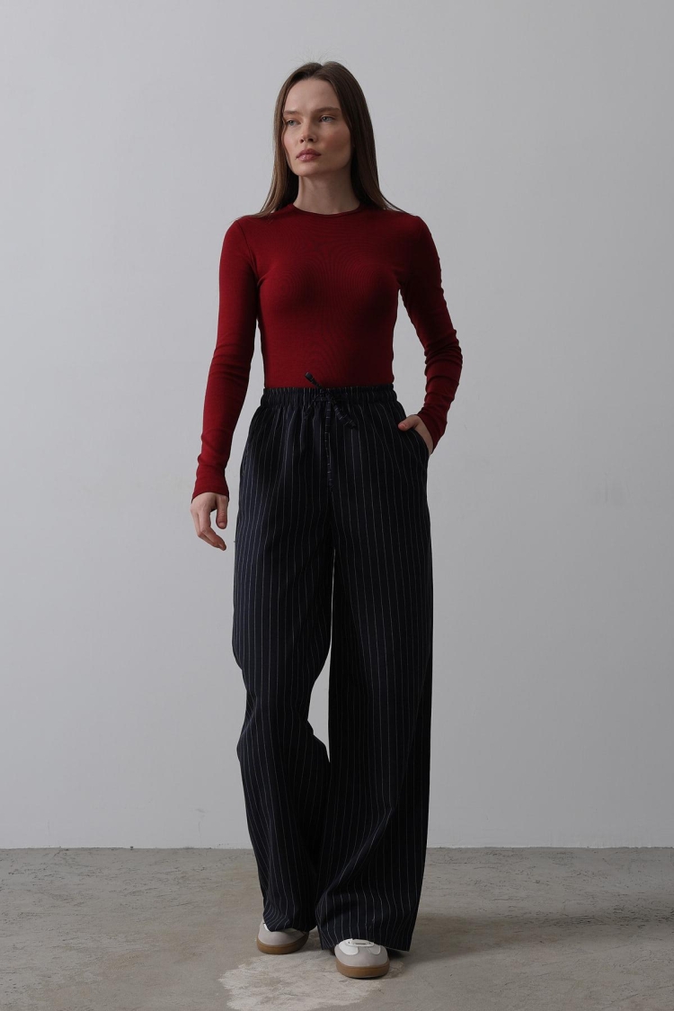 Wide Leg Pants With Elastic Waist - Navy-white - Producer: Reyon - Wholesale Women Clothes - TheBS Women