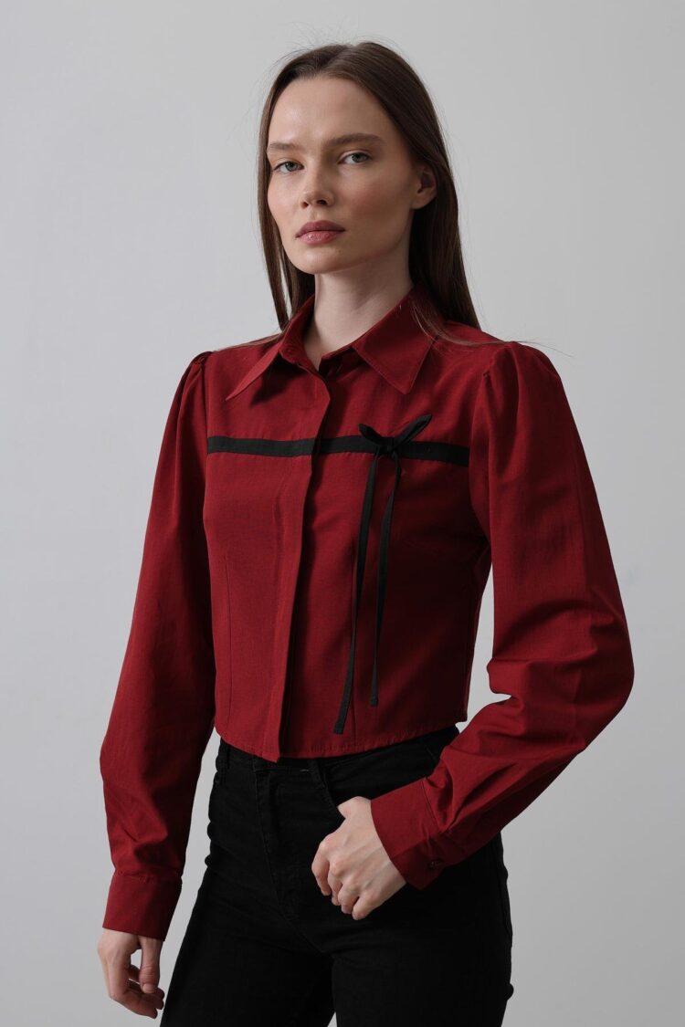 Front Contrast Bow Shirt - Burgundy - Producer: Reyon - Wholesale Women Clothes - TheBS Women