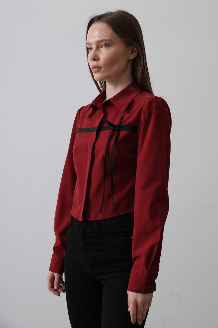 Front Contrast Bow Shirt - Burgundy - Producer: Reyon - Wholesale Women Clothes - TheBS Women