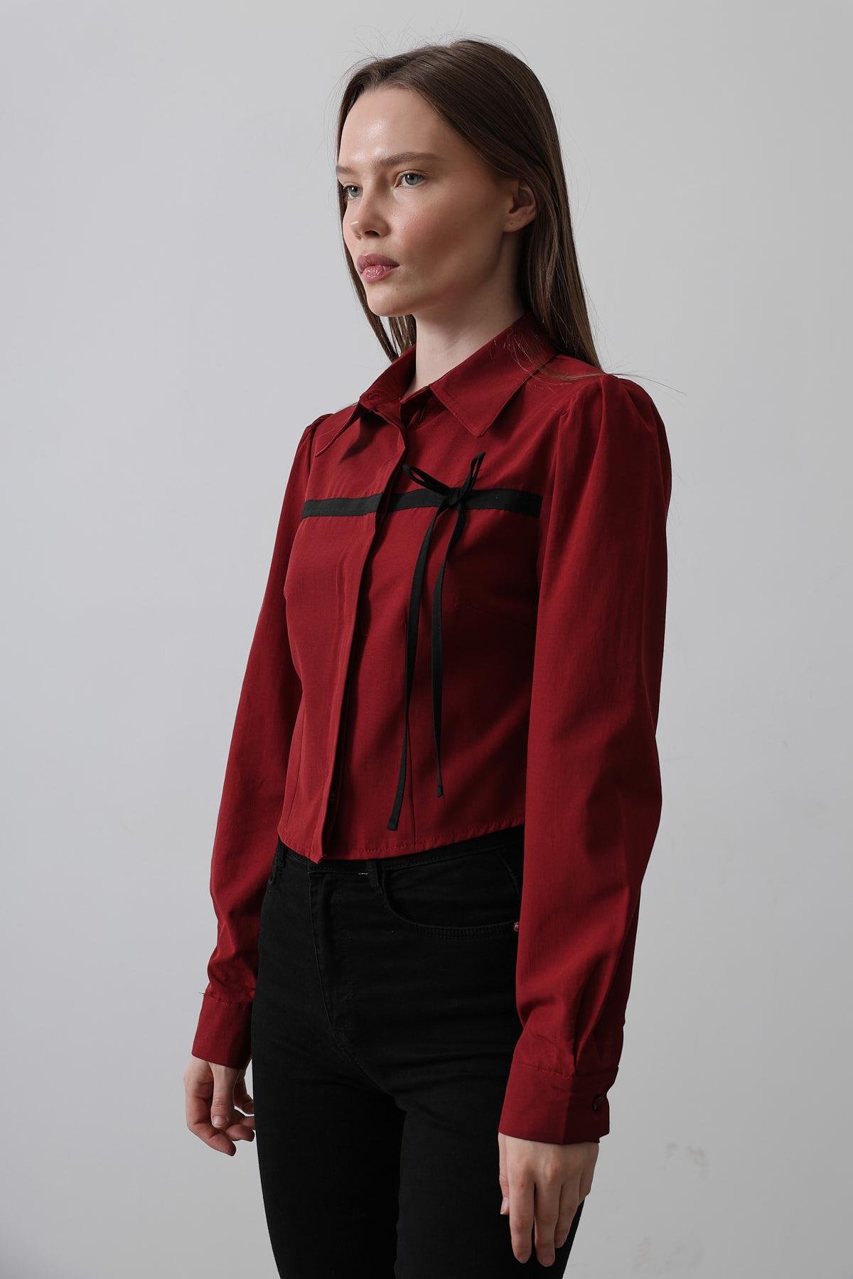 Front Contrast Bow Shirt - Burgundy - Producer: Reyon - Wholesale Women Clothes - TheBS Women