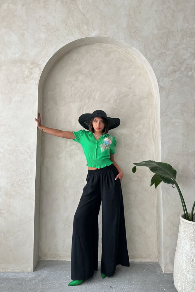 Fıstık D 2651 Linen Shirt With Flowers On The Chest - Producer: Topshow - Wholesale Women Clothes - TheBS Women
