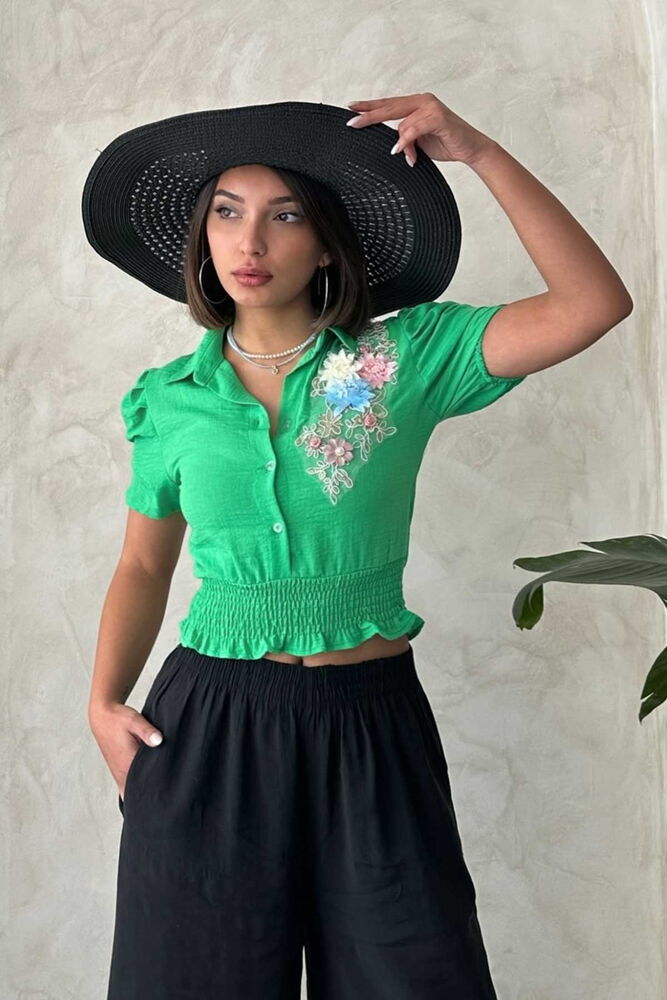 Fıstık D 2651 Linen Shirt With Flowers On The Chest - Producer: Topshow - Wholesale Women Clothes - TheBS Women