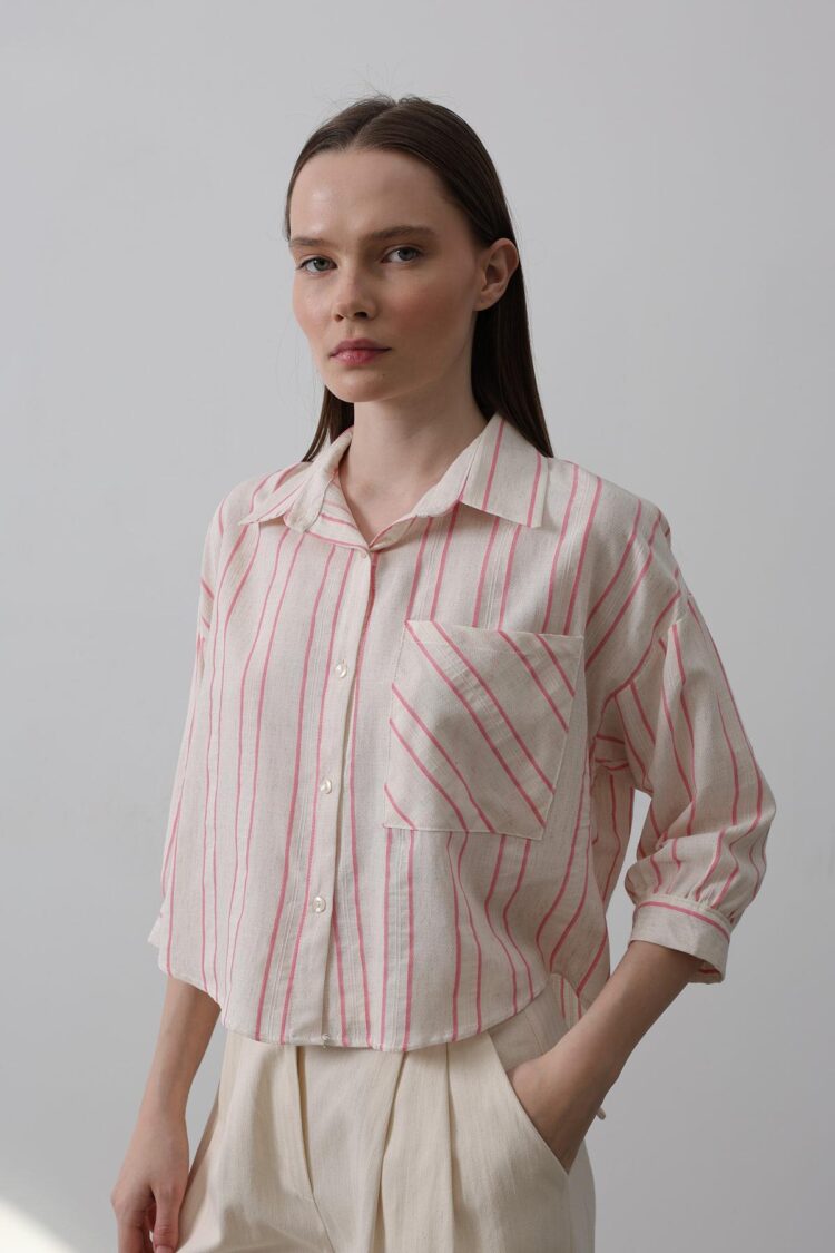 Striped Short Shirt - Beige - Producer: Reyon - Wholesale Women Clothes - TheBS Women
