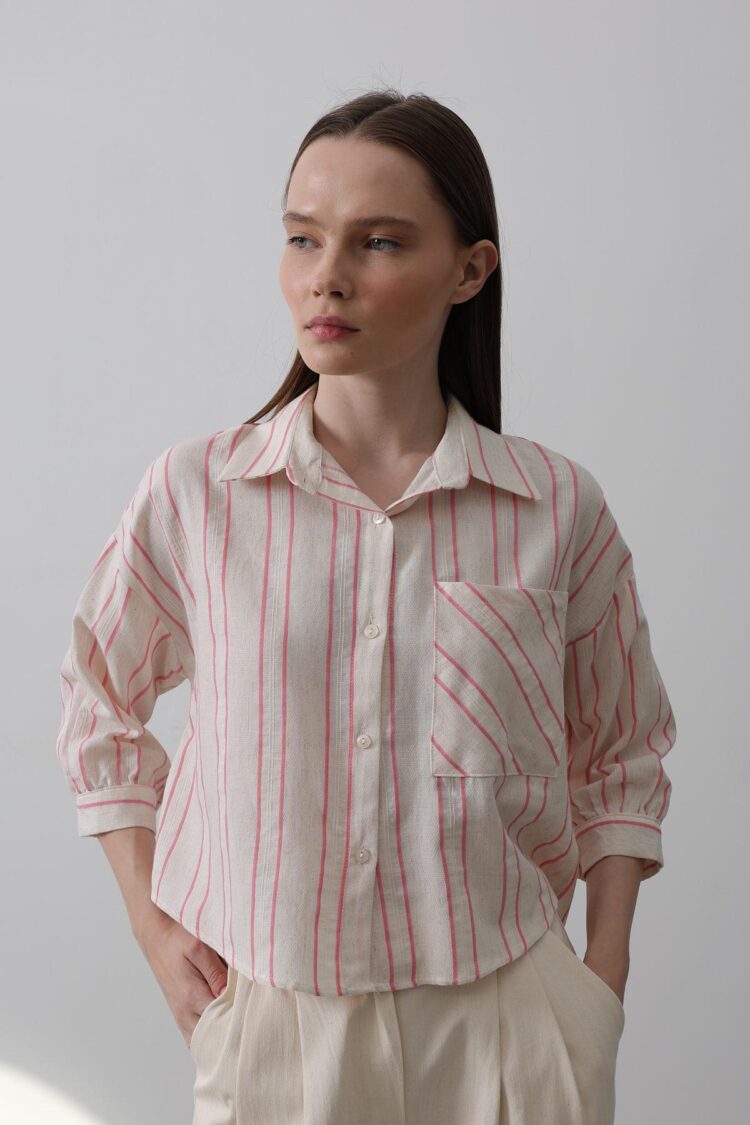 Striped Short Shirt - Beige - Producer: Reyon - Wholesale Women Clothes - TheBS Women