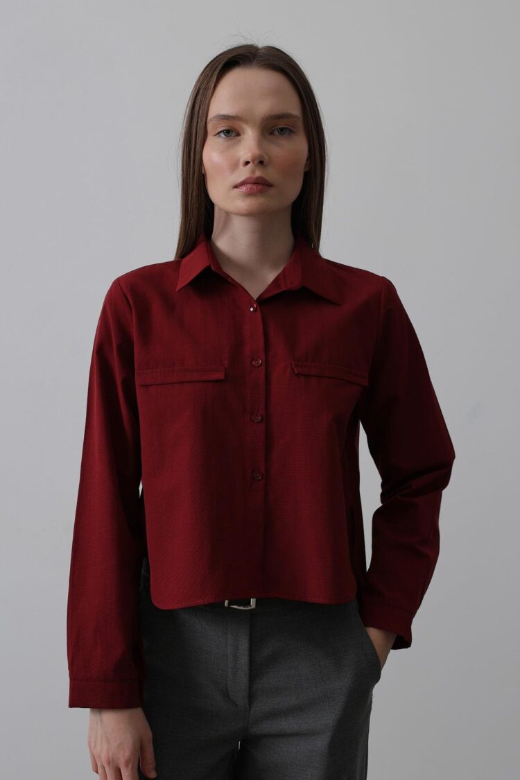 Long Sleeve Shirt With Pockets - Burgundy - Producer: Reyon - Wholesale Women Clothes - TheBS Women