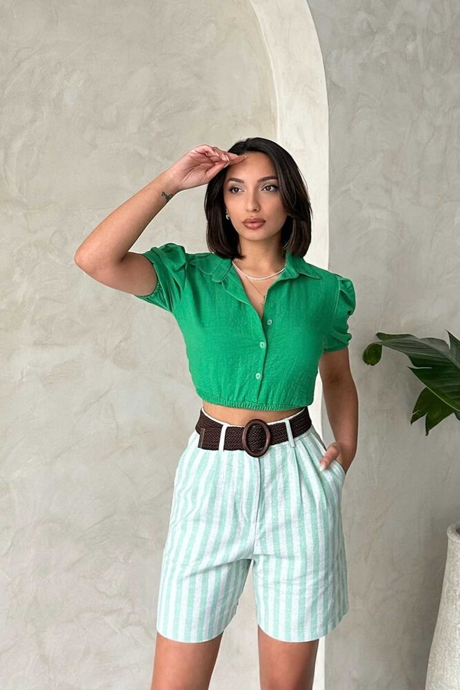 Çağla Striped Belted Linen Wholesale Shorts - Producer: Topshow - Wholesale Women Clothes - TheBS Women