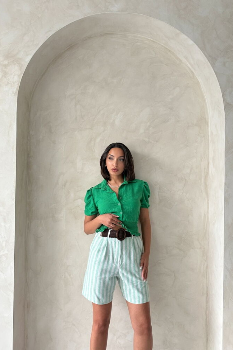 Çağla Striped Belted Linen Wholesale Shorts - Producer: Topshow - Wholesale Women Clothes - TheBS Women