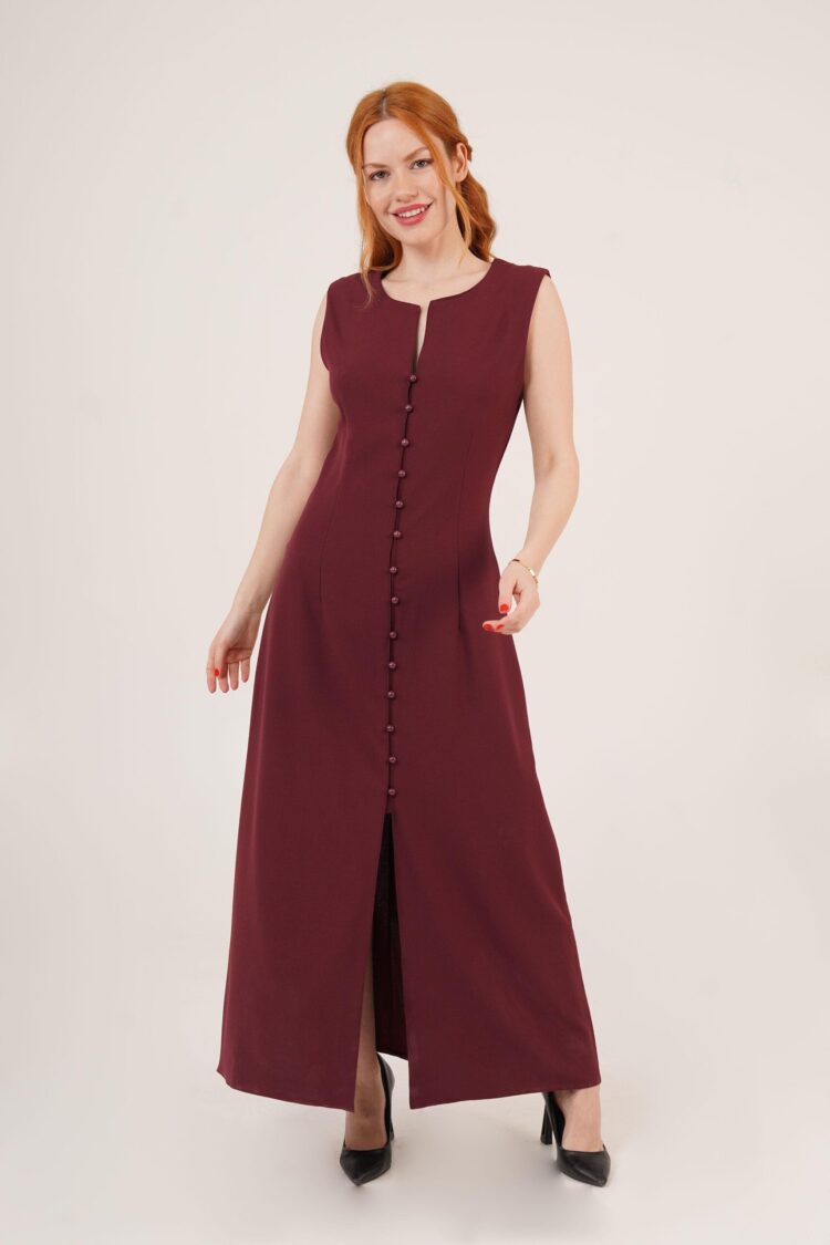 Wholesale Burgundy Dress With Sphere Sleeve Buttoned Maxi Size - Producer: Lustrin - Wholesale Women Clothes - TheBS Women