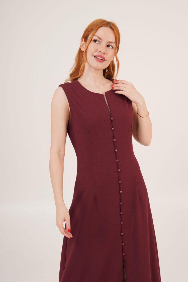 Wholesale Burgundy Dress With Sphere Sleeve Buttoned Maxi Size - Producer: Lustrin - Wholesale Women Clothes - TheBS Women