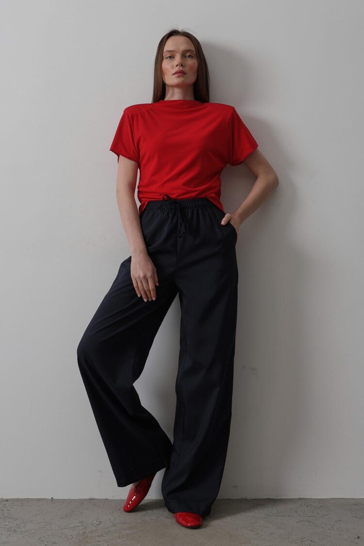 Wide Leg Pants With Elastic Waist - Navy - Producer: Reyon - Wholesale Women Clothes - TheBS Women