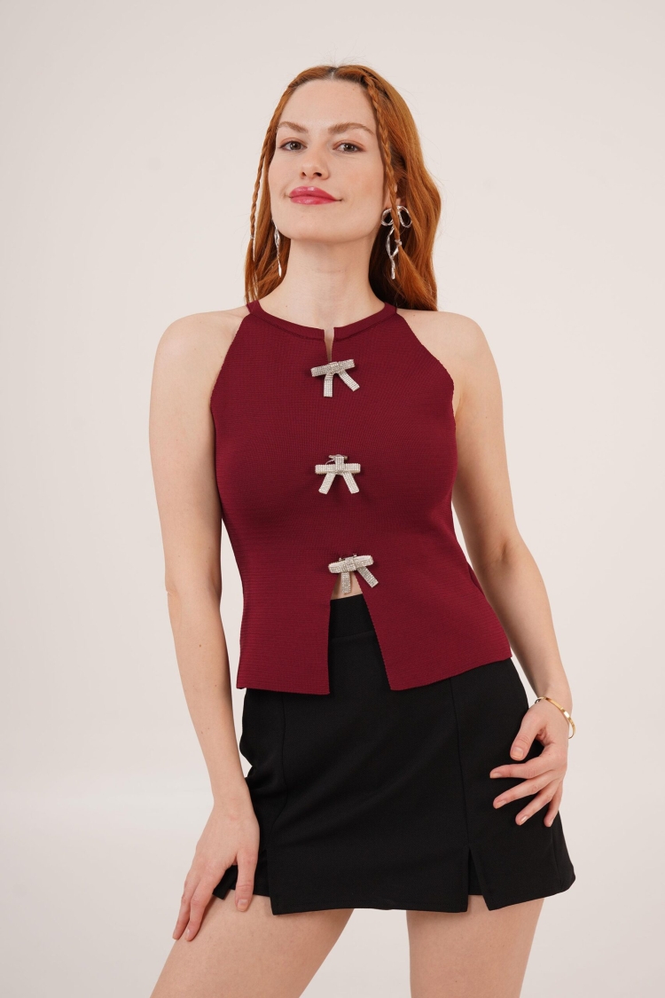 Stone Bow Brooch Detailed Zero Sleeve Wholesale Burgundy Blouse - Brand: Lustrin - Women & Kids, Baby Clothes Wholesale - TheBS Women