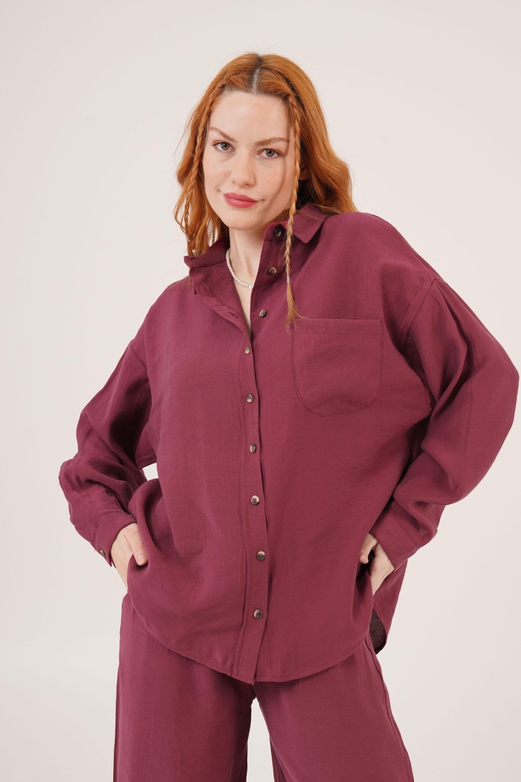 Slash Pattern Low Shoulder Single Pocket Burgundy Wholesale Shirt - Brand: Lustrin - Women & Kids, Baby Clothes Wholesale - TheBS Women