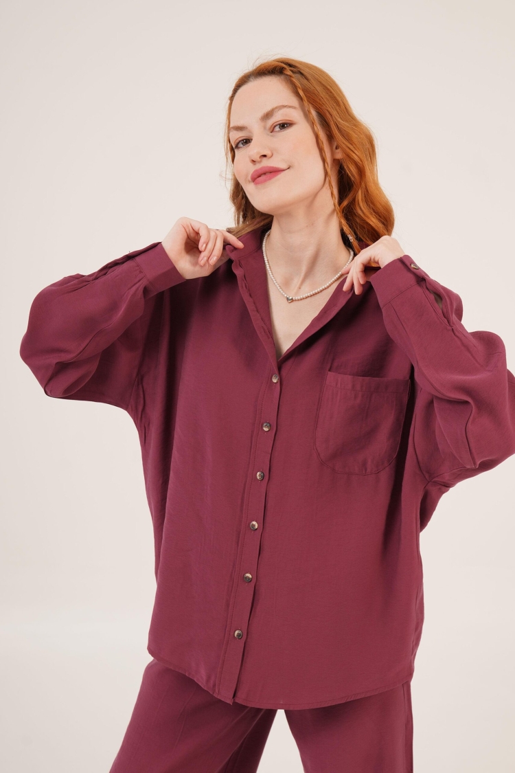 Slash Pattern Low Shoulder Single Pocket Burgundy Wholesale Shirt - Brand: Lustrin - Women & Kids, Baby Clothes Wholesale - TheBS Women