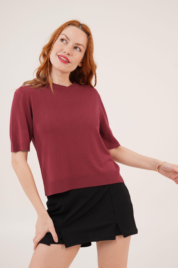 Half Sleeve Round Neck Lycra Wholesale Slim Burgundy Knitwear Blouse - Brand: Lustrin - Women & Kids, Baby Clothes Wholesale - TheBS Women