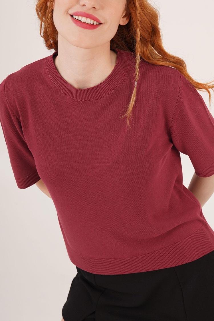 Half Sleeve Round Neck Lycra Wholesale Slim Burgundy Knitwear Blouse - Brand: Lustrin - Women & Kids, Baby Clothes Wholesale - TheBS Women