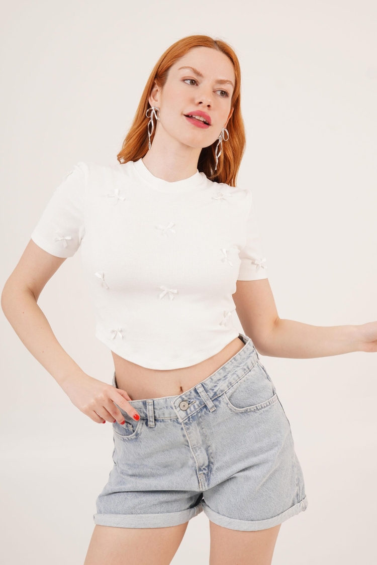 White Wholesale Crop T Shirt With Bow Detail - Brand: Lustrin - Women & Kids, Baby Clothes Wholesale - TheBS Women
