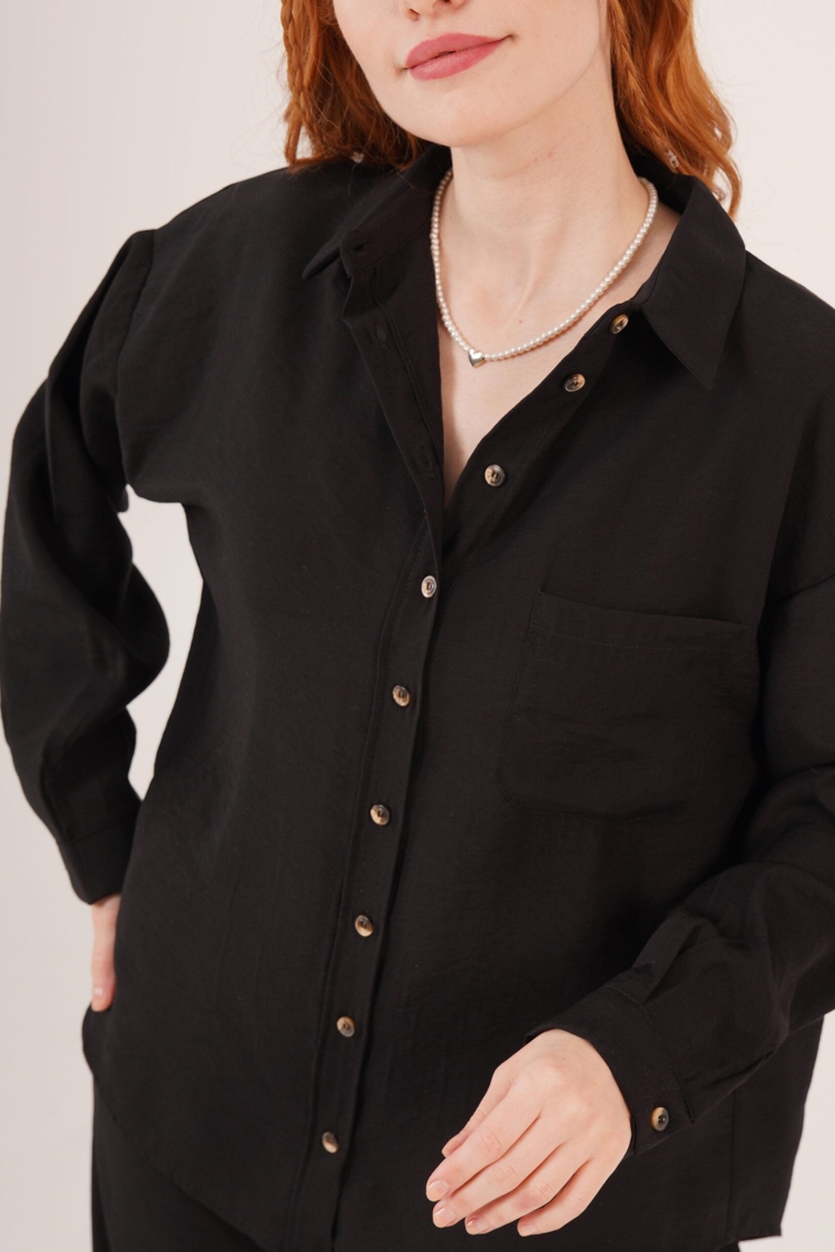 Slap Pattern Low Shoulder Single Pocket Black Wholesale Shirt - Brand: Lustrin - Women & Kids, Baby Clothes Wholesale - TheBS Women