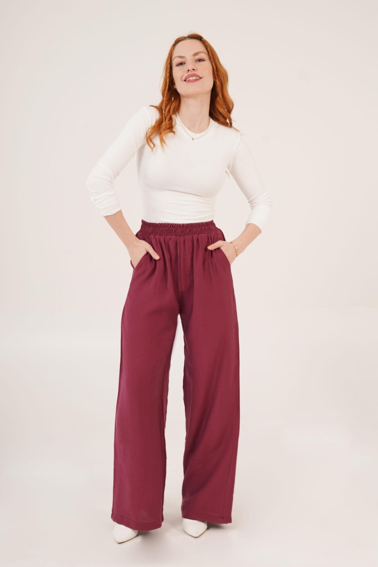 Elastic Waist Double Pockets Burgundy Wholesale Pants - Brand: Lustrin - Women & Kids, Baby Clothes Wholesale - TheBS Women