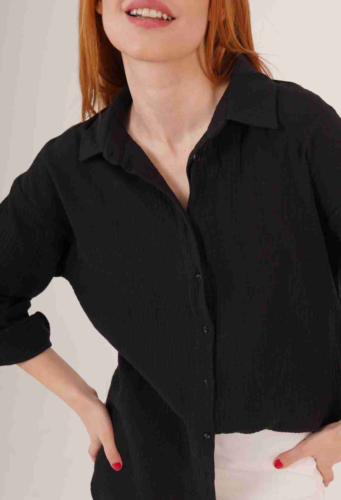 Linen Look Slippery Fold Sleeve WholesaleShirt - Brand: Lustrin - Women & Kids, Baby Clothes Wholesale - TheBS Women
