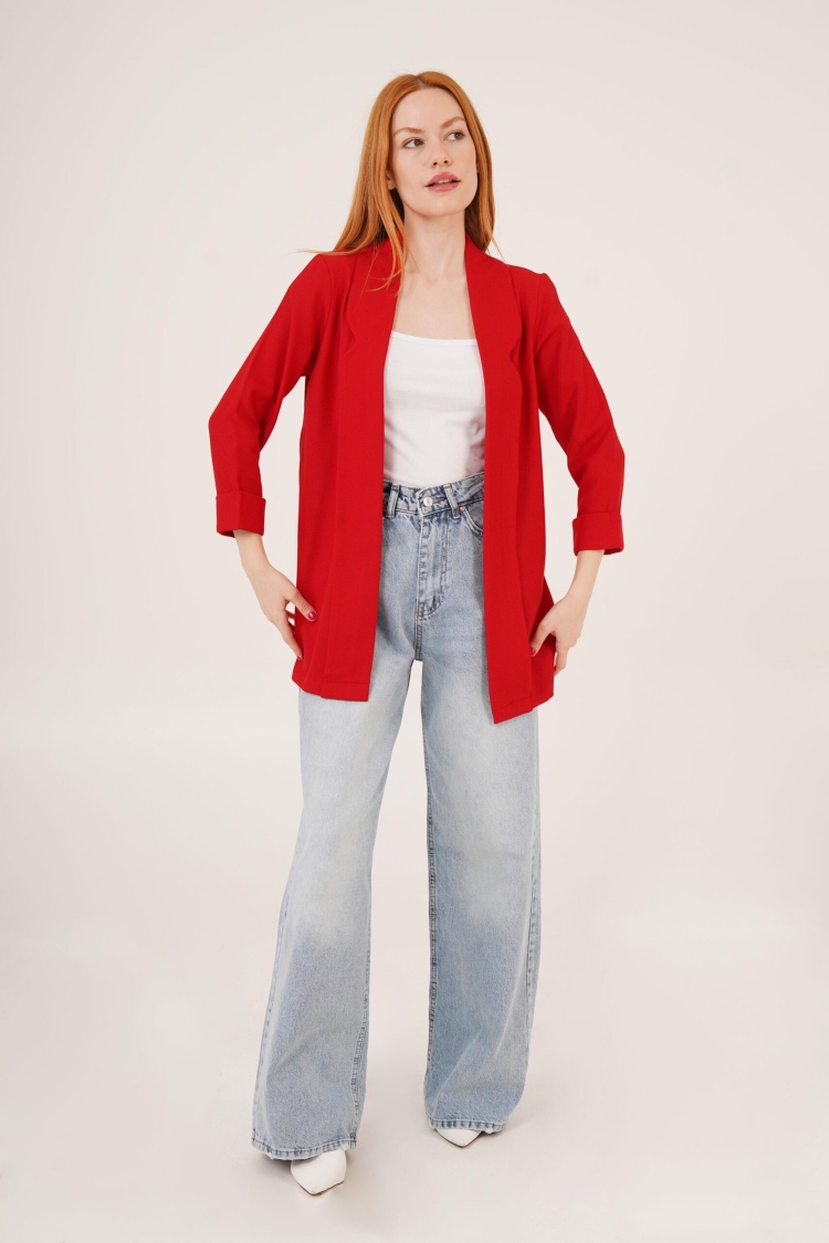 Sleeve Folding Stitching Detailed Red Wholesale Summer Blazer Jacket - Brand: Lustrin - Women & Kids, Baby Clothes Wholesale - TheBS Women