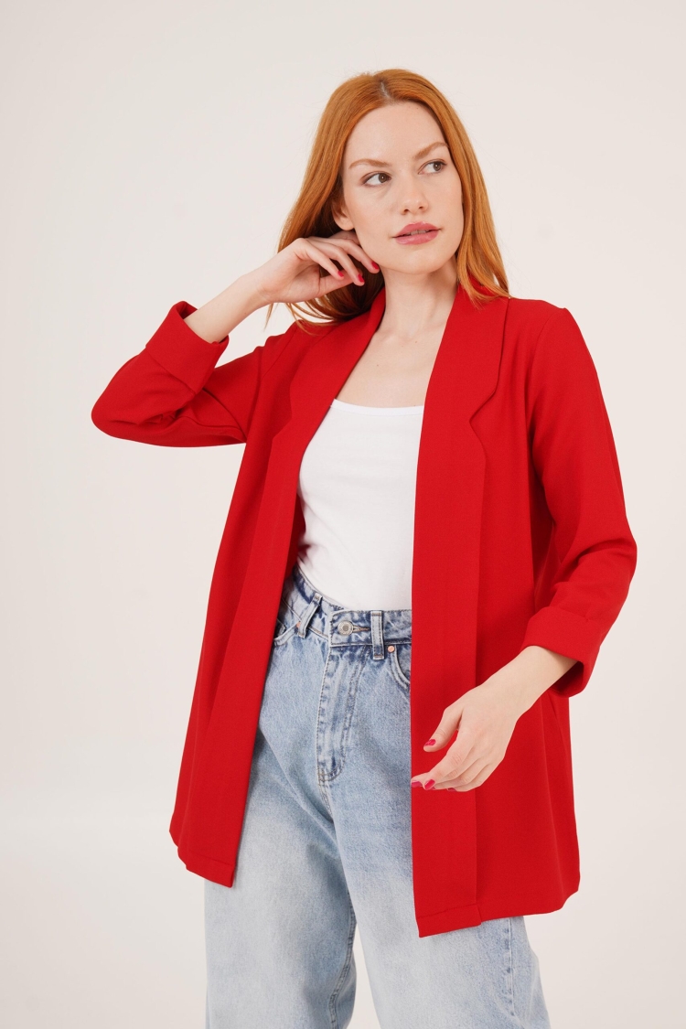 Sleeve Folding Stitching Detailed Red Wholesale Summer Blazer Jacket - Brand: Lustrin - Women & Kids, Baby Clothes Wholesale - TheBS Women