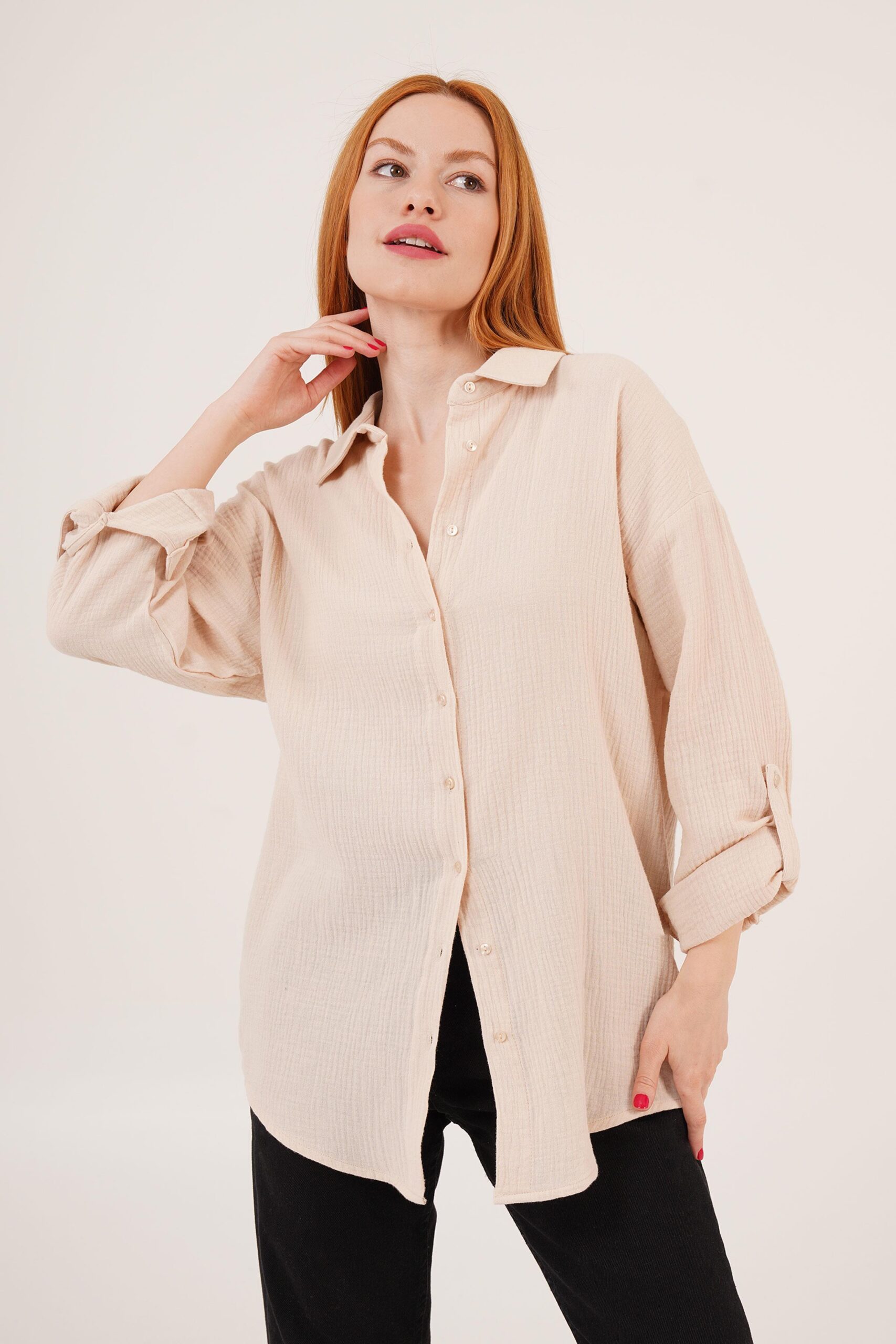 Linen Look Slippery Fold Sleeve WholesaleShirt - Brand: Lustrin - Women & Kids, Baby Clothes Wholesale - TheBS Women