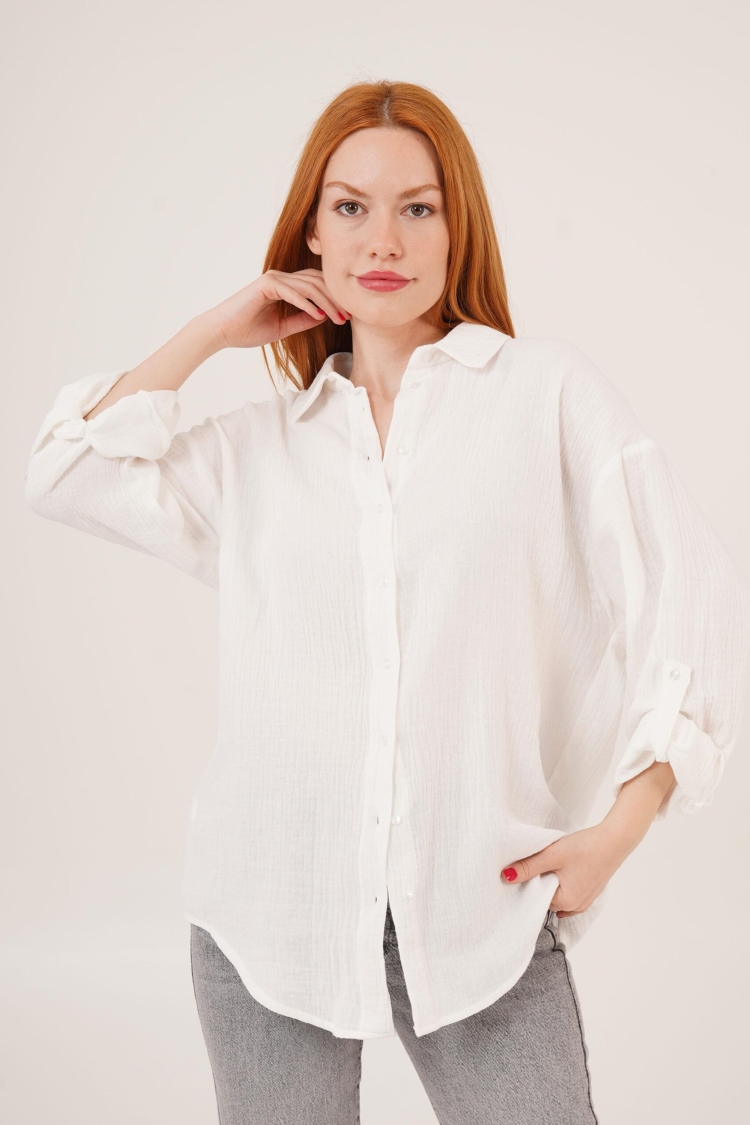 Linen Look Slippery Fold Sleeve WholesaleShirt - Brand: Lustrin - Women & Kids, Baby Clothes Wholesale - TheBS Women