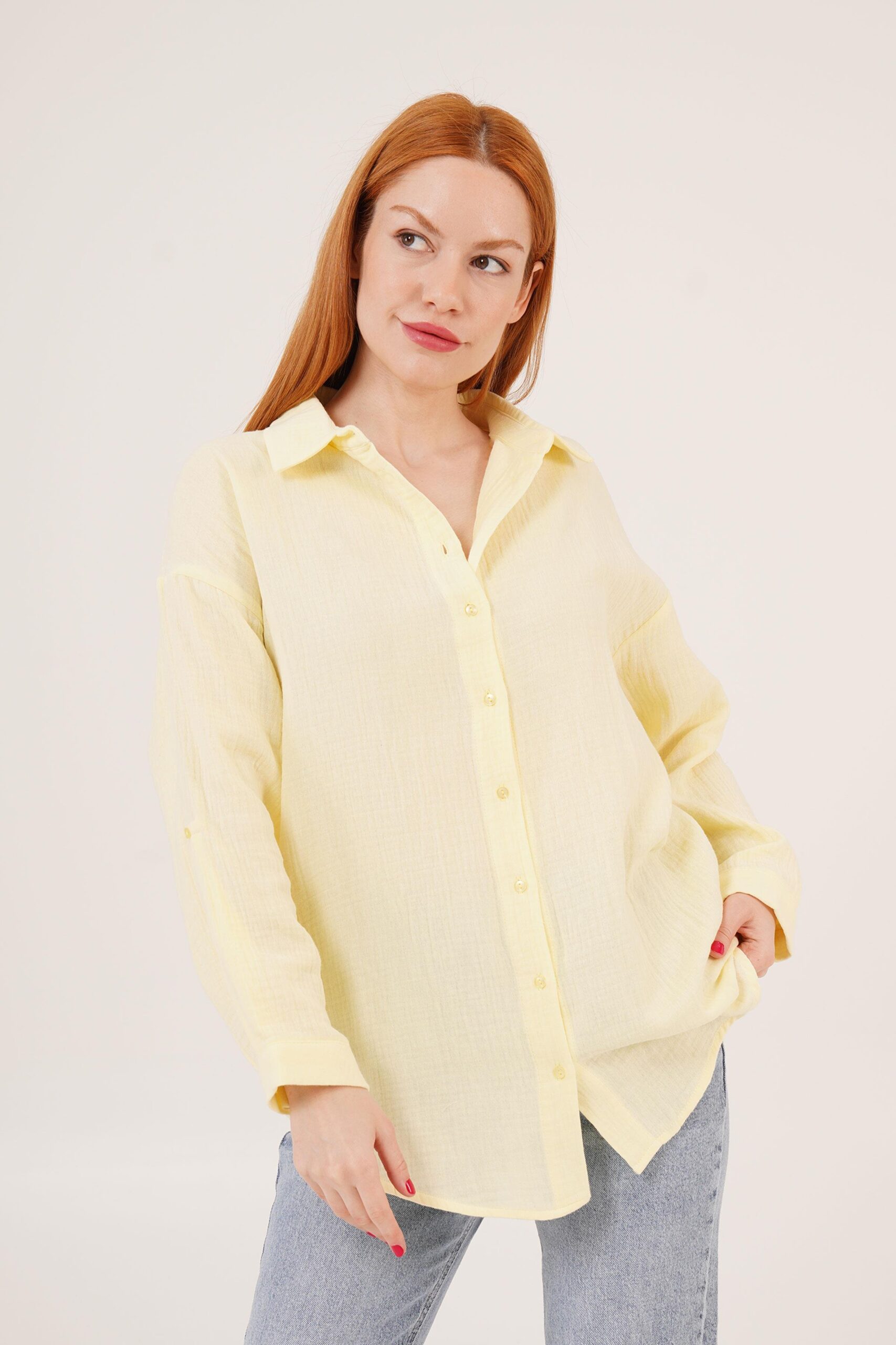 Linen Look Slippery Fold Sleeve WholesaleShirt - Brand: Lustrin - Women & Kids, Baby Clothes Wholesale - TheBS Women