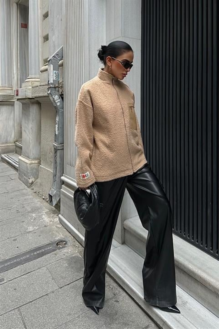 Curly Fur Lined Jacket With Leather Pocket Detail - Producer: Sobe Istanbul - Wholesale Women Clothes - TheBS Women