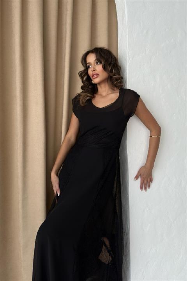 Chiffon Detailed Lined Lace Dress - Black - Producer: Sobe Istanbul - Wholesale Women Clothes - TheBS Women