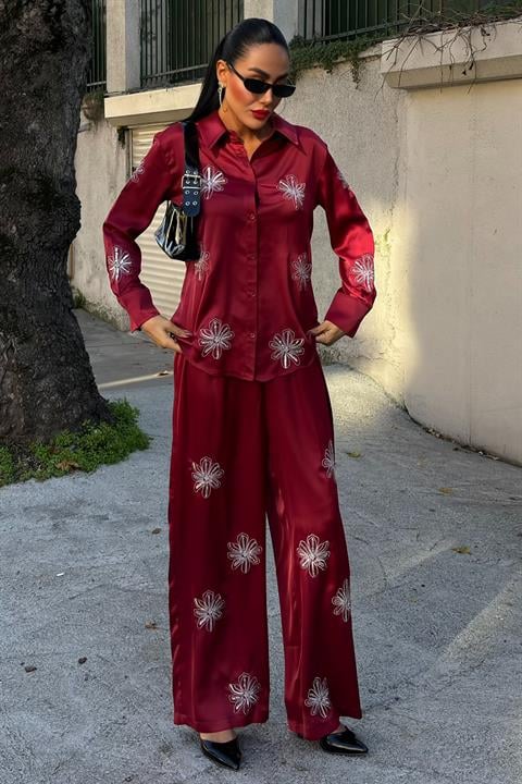 Sequin Silvery Floral Satin Double Set With Sequins - Burgundy - Producer: Sobe Istanbul - Wholesale Women Clothes - TheBS Women