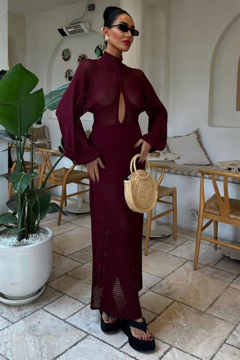 Openwork Knitwear Dress - Burgundy - Producer: Sobe Istanbul - Wholesale Women Clothes - TheBS Women