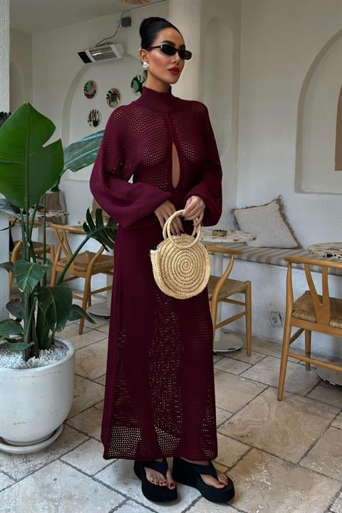 Openwork Knitwear Dress - Burgundy - Producer: Sobe Istanbul - Wholesale Women Clothes - TheBS Women