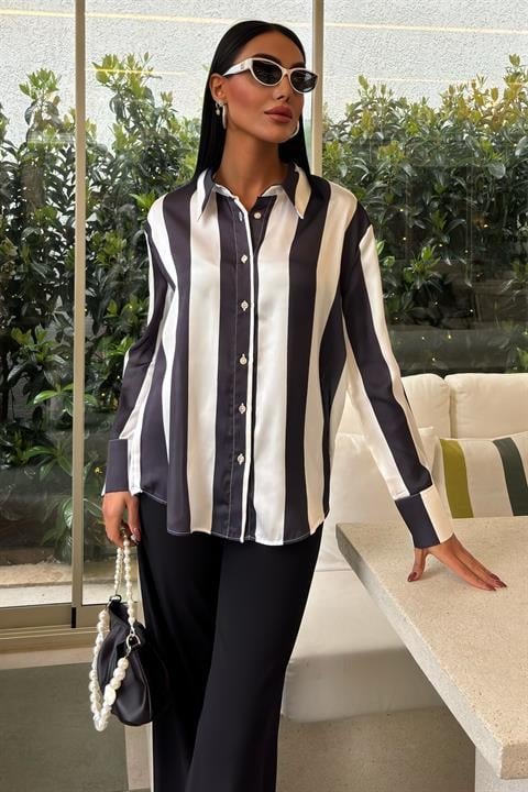 Striped Chiffon Satin Shirt - Multicolor - Producer: Sobe Istanbul - Wholesale Women Clothes - TheBS Women