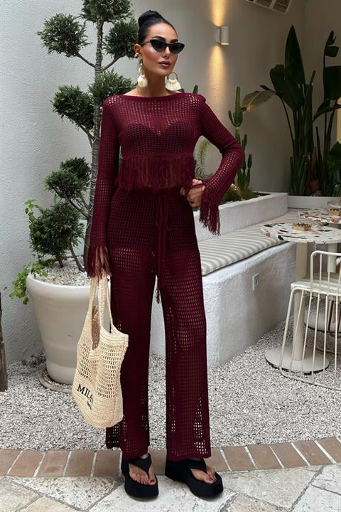 Tassel Detailed Openwork Knitwear Set - Burgundy - Producer: Sobe Istanbul - Wholesale Women Clothes - TheBS Women