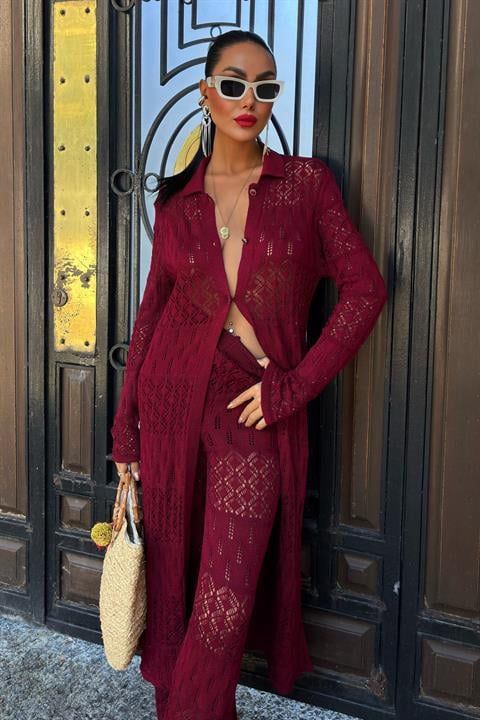 Bridget Openwork Long Cardigan Set - Burgundy - Producer: Sobe Istanbul - Wholesale Women Clothes - TheBS Women