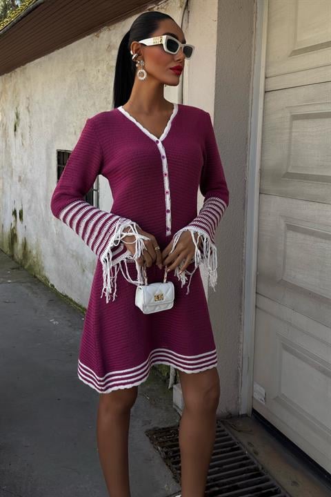 Knitwear Sleeves Tassel Button Dress - Plum - Producer: Sobe Istanbul - Wholesale Women Clothes - TheBS Women