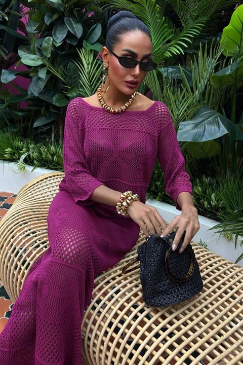 Boat Neck Half Sleeve Openwork Knitwear Suit - Purple - Producer: Sobe Istanbul - Wholesale Women Clothes - TheBS Women